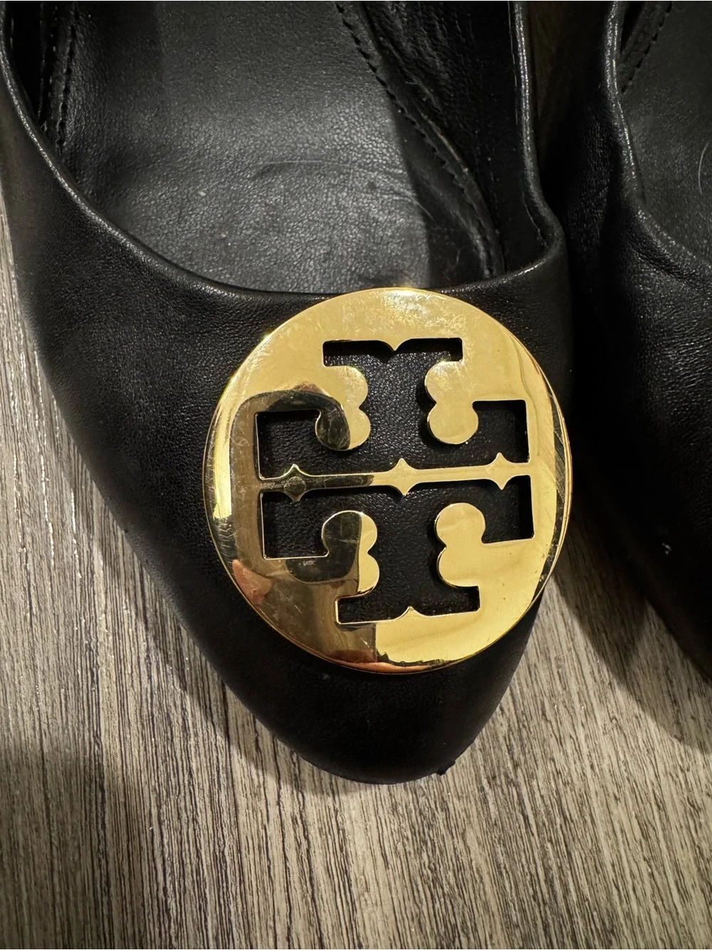 Tory Burch Black Sally Leather Wedge Gold Logo Size 10.5 (10 1/2)